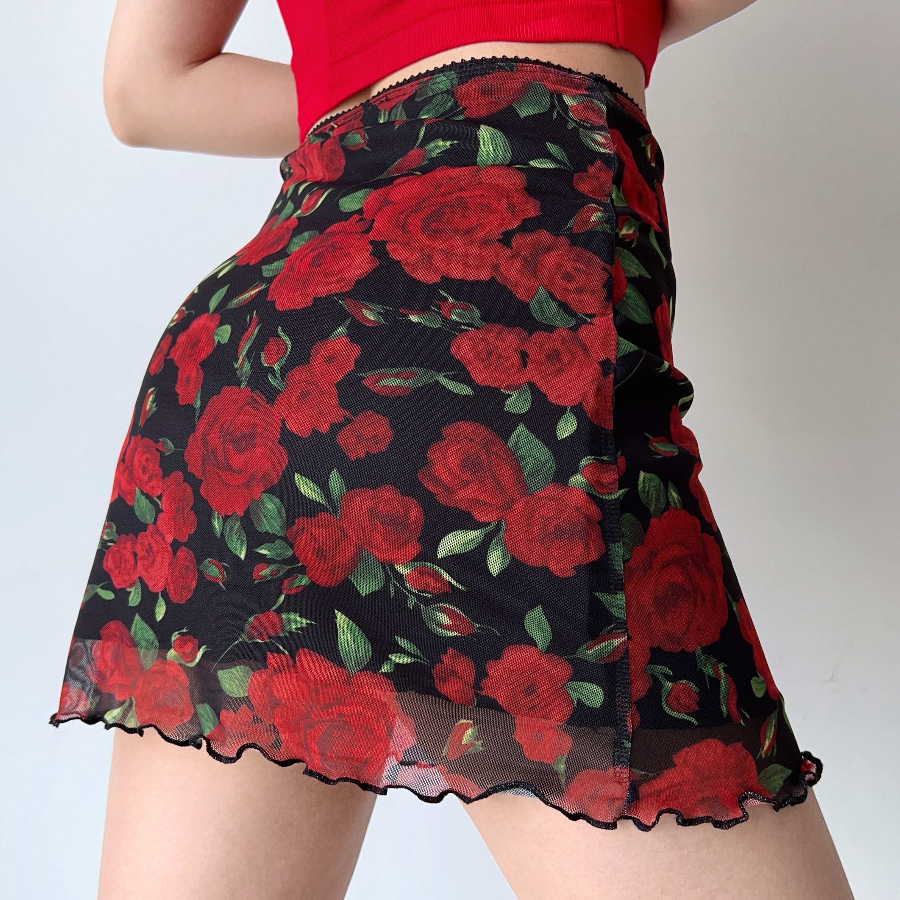 Vintage European American Rose Print Mesh High Waist Bodycon Half Skirt - Women's A-Line Skirt for DIY Fashion Lovers