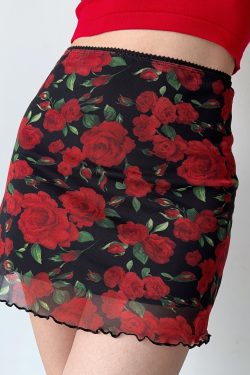 Vintage European American Rose Print Mesh High Waist Bodycon Half Skirt - Women's A-Line Skirt for DIY Fashion Lovers