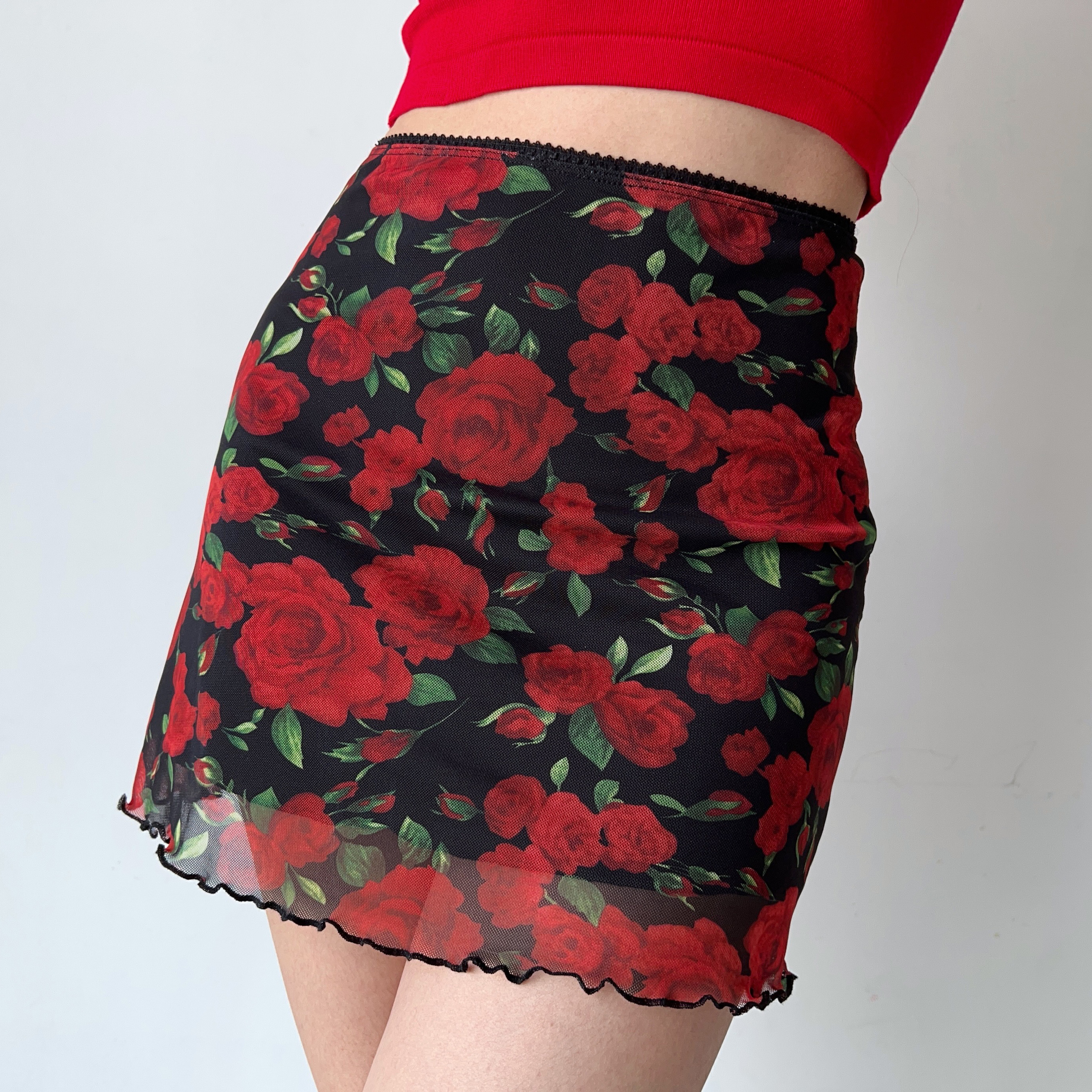 Vintage European American Rose Print Tulle High Waist Bodycon Mini Skirt - Women's A-Line Style, Perfect for 90s and Y2K Fashion