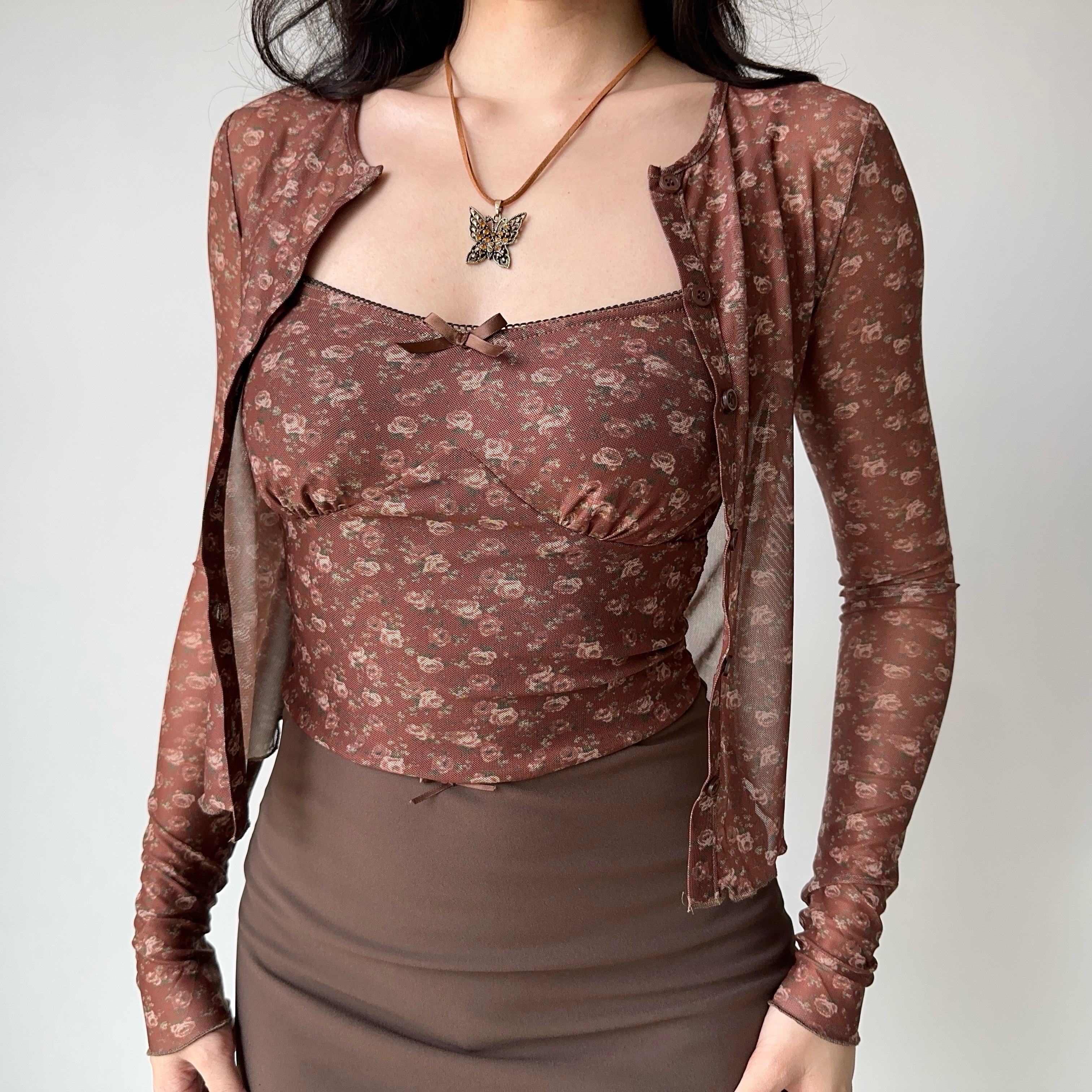 Vintage Floral Camisole Cardigan Two-Piece Set - Women's Slim Fit Crop Top and Cardigan - Trendy Hot Girl Outfit for Y2K Style