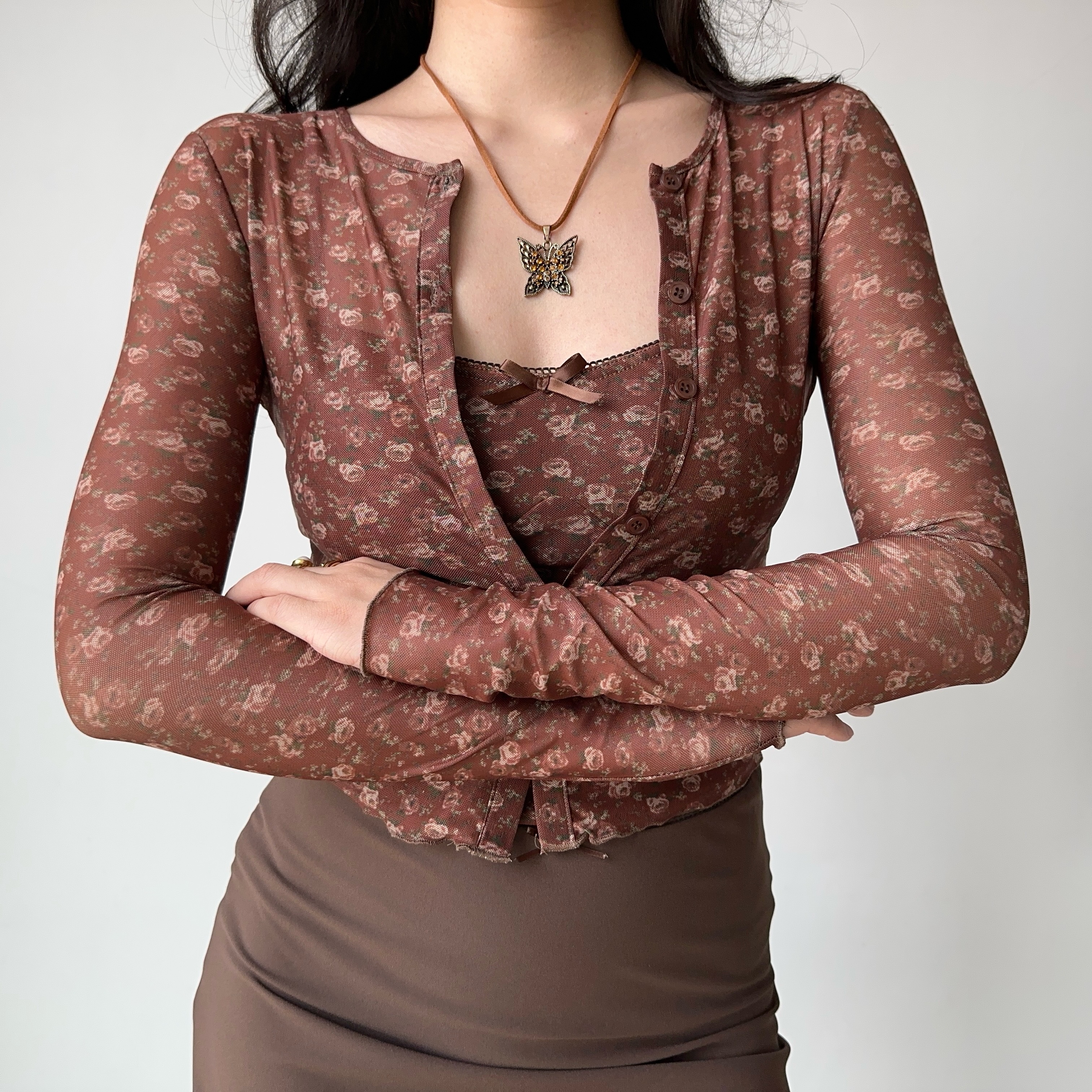 Vintage Floral Camisole Cardigan Two-Piece Set - Women's Slim Fit Crop Top and Cardigan - Trendy Hot Girl Outfit for Y2K Style