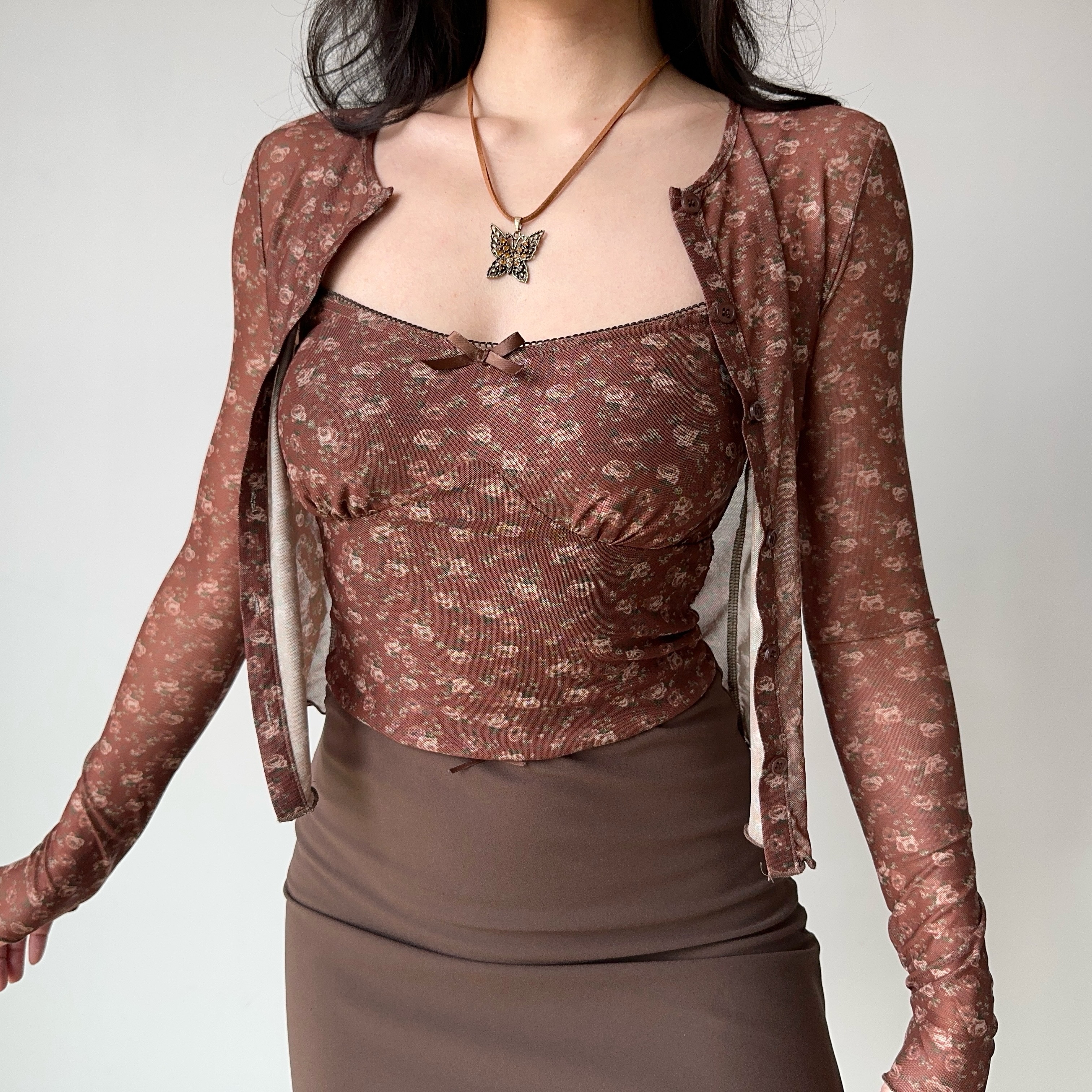 Vintage Floral Camisole Cardigan Two-Piece Set - Women's Slim Fit Crop Top and Cardigan - Trendy Hot Girl Outfit for Y2K Style
