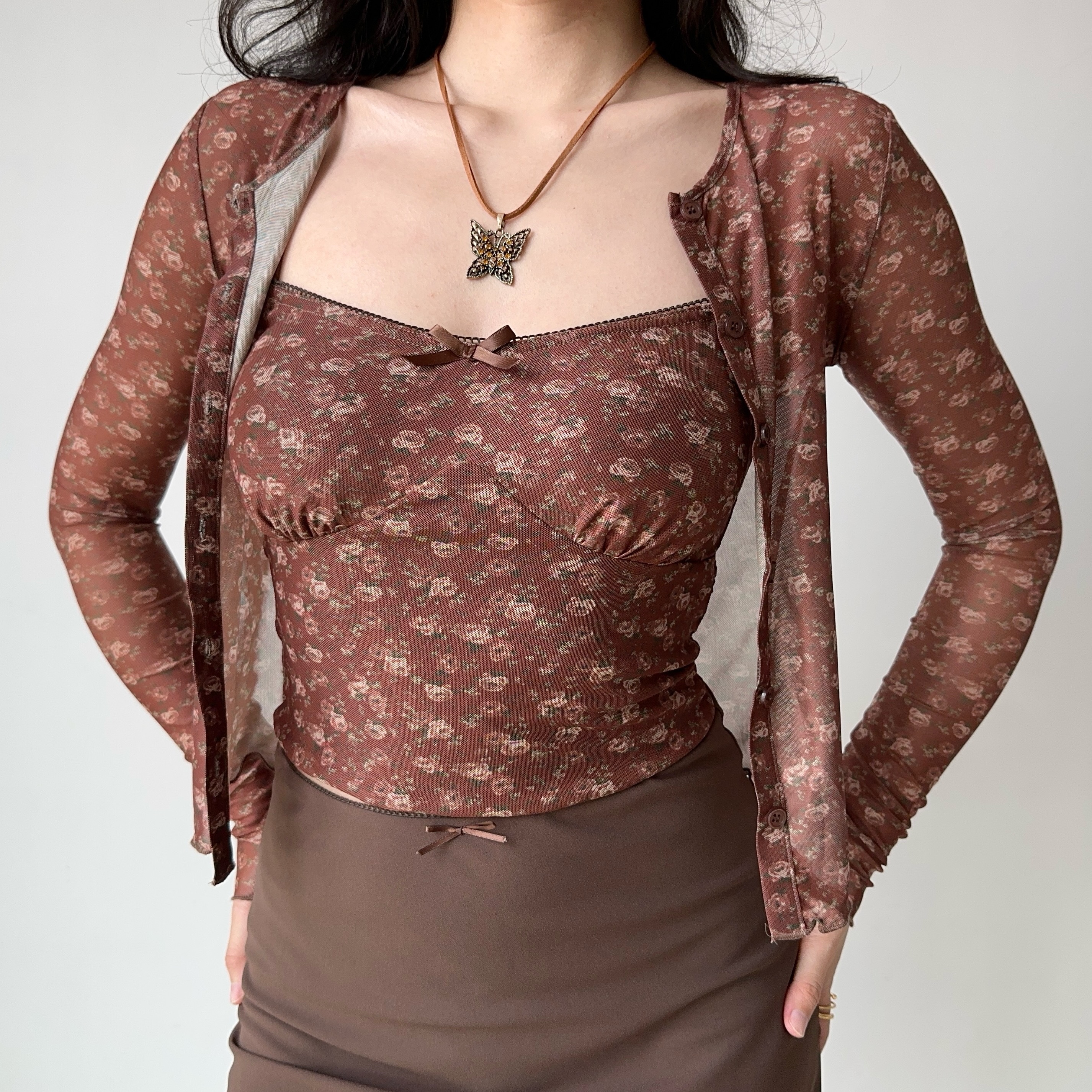 Vintage Floral Camisole Cardigan Two-Piece Set - Women's Slim Fit Crop Top and Cardigan - Trendy Hot Girl Outfit for Y2K Style