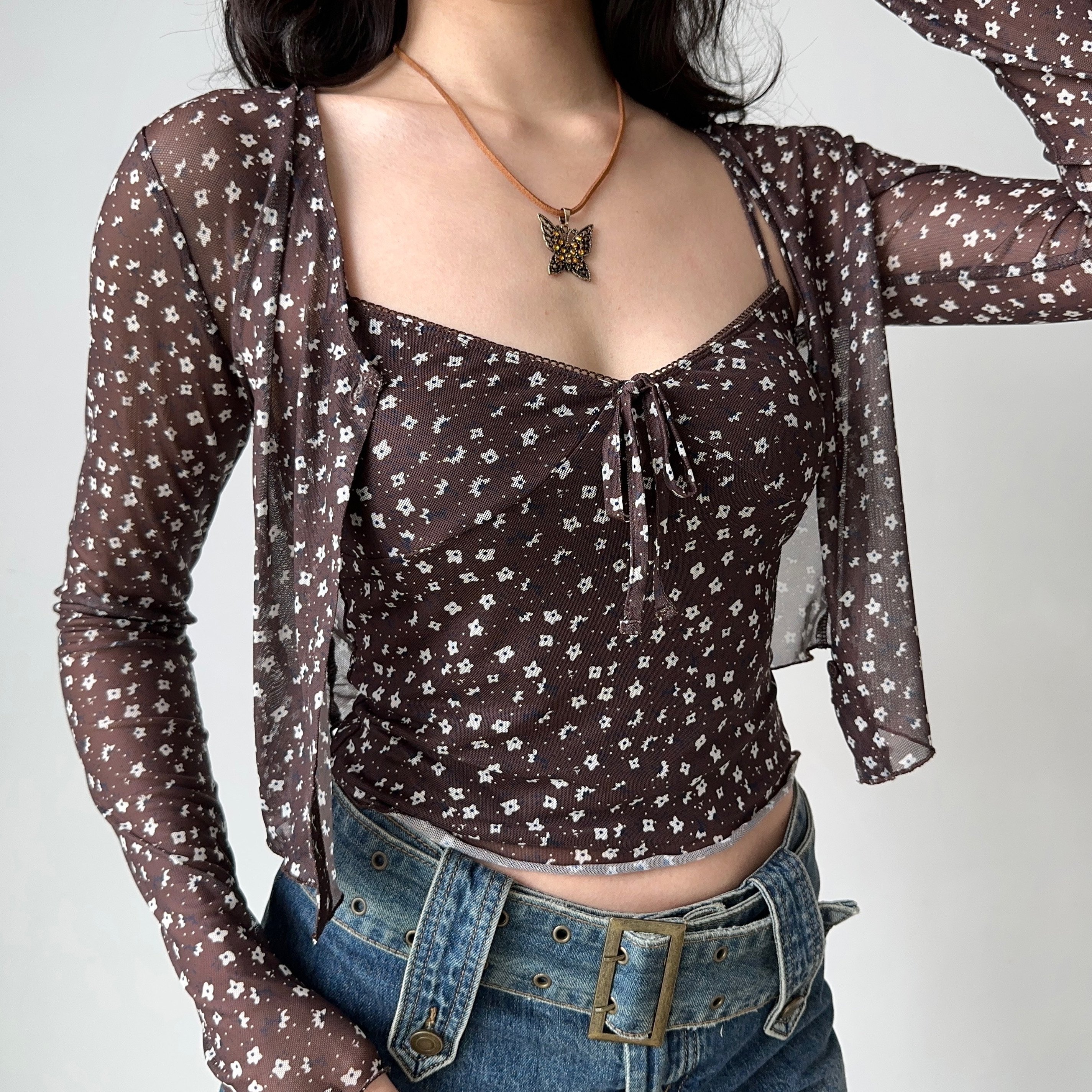 Vintage Floral Camisole Cardigan Two-Piece Set - Women's Slim Fit Hot Girl Outfit, Perfect for Y2K and 90s Style Fashion
