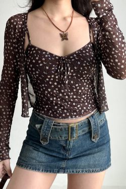 Vintage Floral Camisole Cardigan Two-Piece Set - Women's Slim Fit Hot Girl Outfit, Perfect for Y2K and 90s Style Fashion