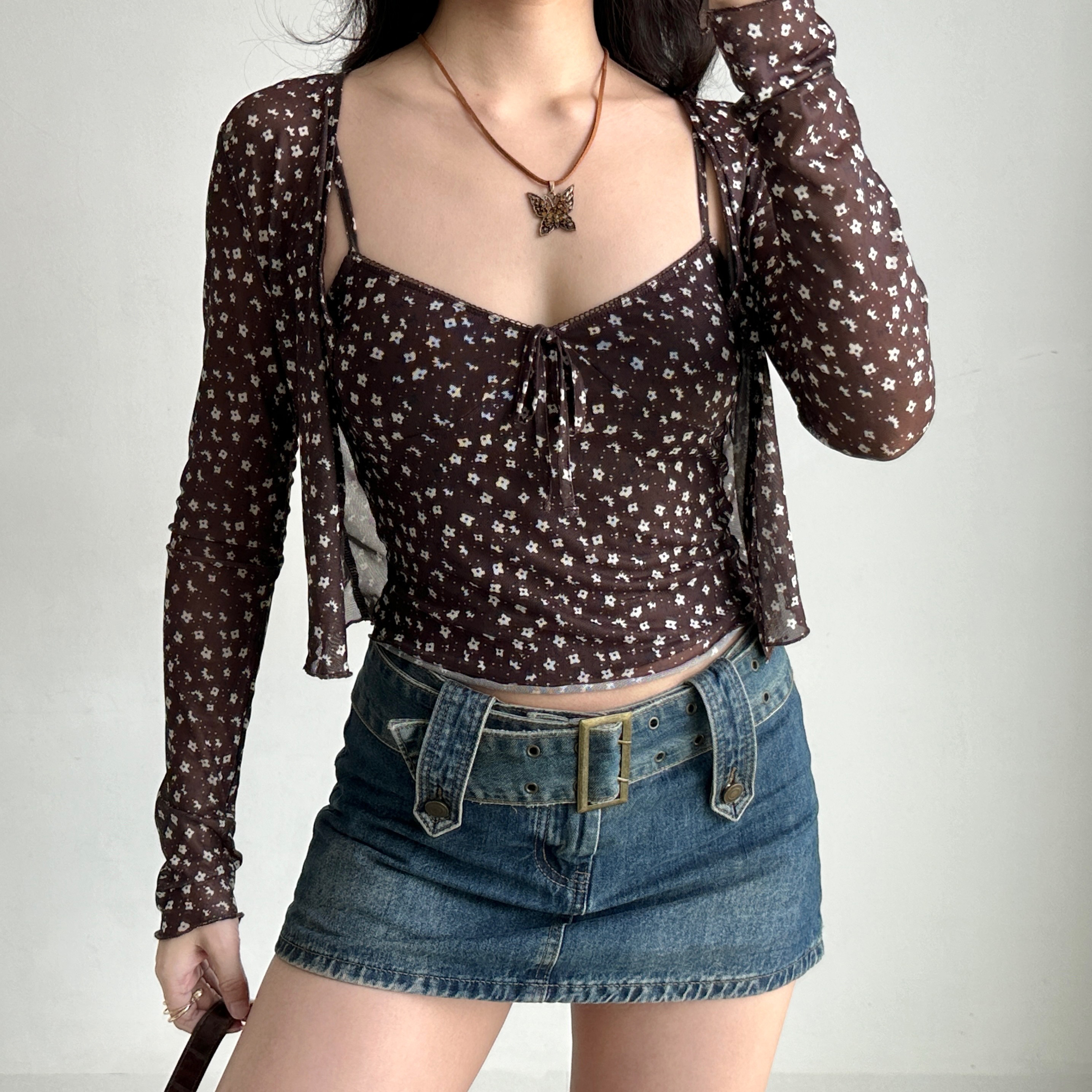 Vintage Floral Camisole Cardigan Two-Piece Set - Women's Slim Fit Hot Girl Outfit, Perfect for Y2K and 90s Style Fashion