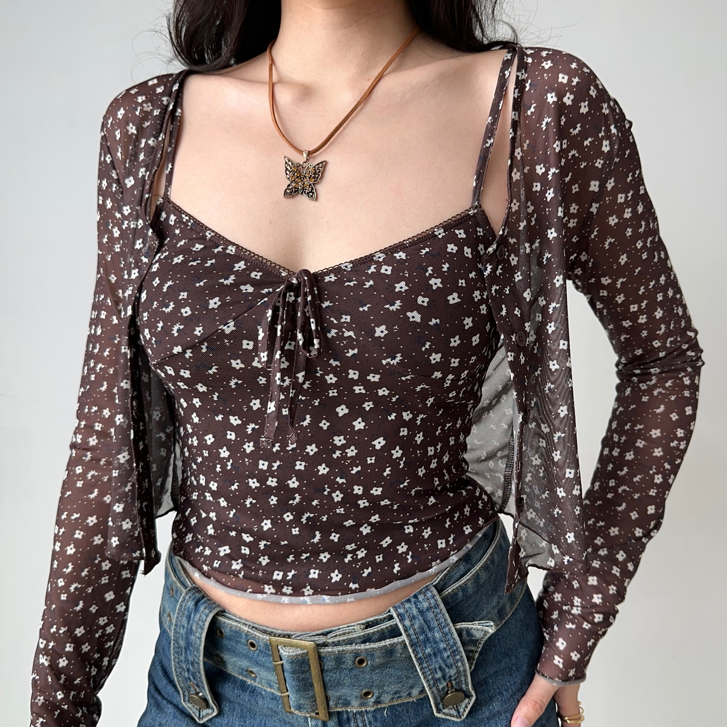 Vintage Floral Camisole Cardigan Two-Piece Set - Women's Slim Fit Sexy Outfit for 90s Y2K Style