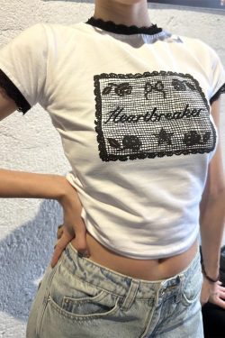 Vintage Floral Lace Printed Round Neck Short Sleeve T-Shirt for Women - Cute American Style Spring Fashion