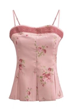 Vintage Floral Lace Square Neck Camisole Top - Handmade Waist-Cinching Vacation Style for Women, Perfect for French-Inspired 90s Looks