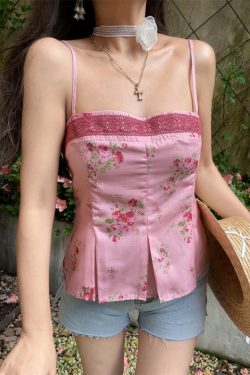 Vintage Floral Lace Square Neck Camisole Top - Handmade Waist-Cinching Vacation Style for Women, Perfect for French-Inspired 90s Looks