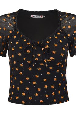 Vintage Floral Mesh V-Neck Short Sleeve Black T-Shirt for Women – Slim Fit 90s Inspired Self-Made Style Top