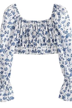 Vintage Floral Off-Shoulder Long Sleeve Slim Fit High-Waisted Cropped Shirt Top - Y2K Style Fashion Essential