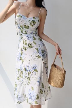 Vintage Floral Print Spaghetti Strap Dress with Side Slit - Slimming Waist-Cinching Design for Vacation Style