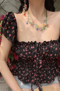 Vintage Floral Square Neck Flutter Sleeve Drawstring Blouse - Slimming Vacation Top in French Style
