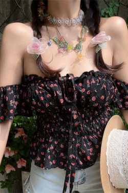Vintage Floral Square Neck Flutter Sleeve Drawstring Blouse - Slimming Vacation Top in French Style
