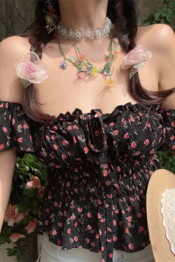 Vintage Floral Square Neck Flutter Sleeve Drawstring Blouse - Slimming Vacation Top in French Style