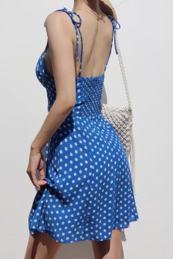 Vintage French Blue Lace-Up Camisole Dress with High-Waisted Short Skirt - A-Line Vacation Style Perfect for Summer Outings