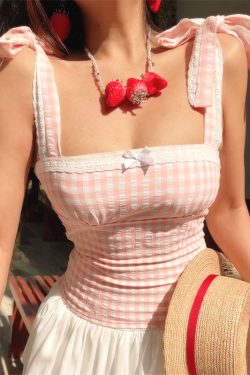 Vintage French Checkered Camisole for Women - Handmade Flat Collar with Lace Bow Tie - Spring/Summer Vacation Style
