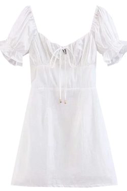 Vintage French Court Style White Dress with Puff Sleeves, Square Neck, One-Shoulder Tie, Waist-Cinched, Open Back, Short Skirt for Vacation