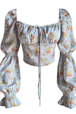 Vintage French Floral Puff Sleeve Shirt with Square Neck - Stylish Autumn Waist-Baring Top for Vacation - Y2K Inspired
