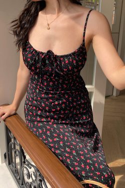 Vintage French Floral Spaghetti Strap Dress - Slim Elegant Long Dress with Waist-Cinching Design, Perfect for Y2K and Summer Styles