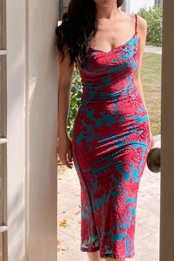 Vintage French Floral Spaghetti Strap Dress - Waist-Cinching, Slimming Velvet Mid-Length Dress for Y2K and 90s Inspired Style