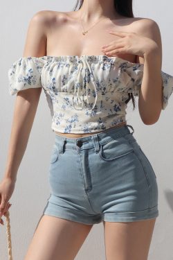 Vintage French Floral Tie Bow One-Shoulder Puff Sleeve Short Shirt for Women - Slim Fit Square Neck Y2K Style