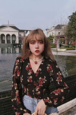 Vintage French Grape Print V-Neck Puff Sleeve Oversized Slimming Shirt Top - DIY 90s Inspired Fashion