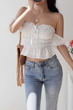 Vintage French One-Shoulder Flowy Sleeve Blouse - White Fairy Shirt for Vacation, Tied Design, Perfect for Y2K and Boho Styles