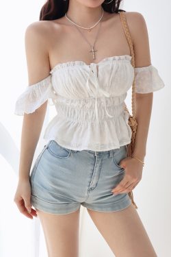 Vintage French One-Shoulder Flowy Sleeve Blouse - White Fairy Shirt for Vacation, Tied Design, Perfect for Y2K and Boho Styles