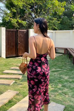 Vintage French Printed Camisole Dress for Women, Sexy Slim Fit Backless Long Dress, Perfect for Summer and Y2K Style