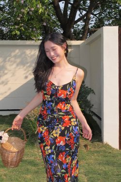 Vintage French Printed Camisole Dress for Women, Sexy Slim Fit, Split Long Skirt, Chic Summer Fashion, Boho Style