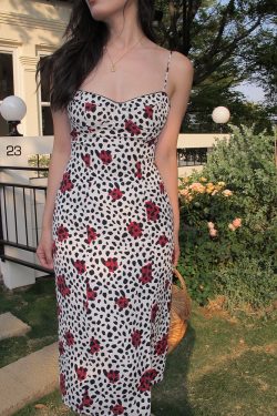 Vintage French Printed Camisole Dress for Women, Sexy Slim Fit with Split Long Skirt, Bohemian Style, Summer Fashion