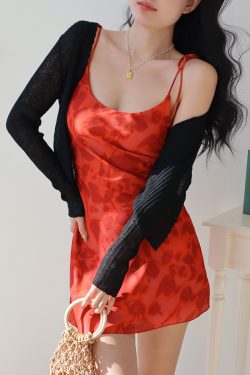 Vintage French Red Floral V-Neck Slim Fit Cami Short Dress - Women's A-Line Vacation Style for Summer 90s and Y2K Fashion