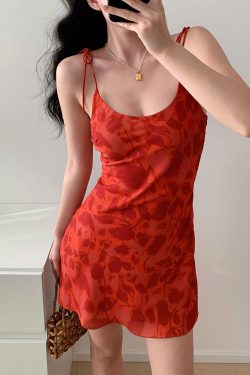 Vintage French Red Floral V-Neck Slim Fit Cami Short Dress - Women's A-Line Vacation Style for Summer 90s and Y2K Fashion