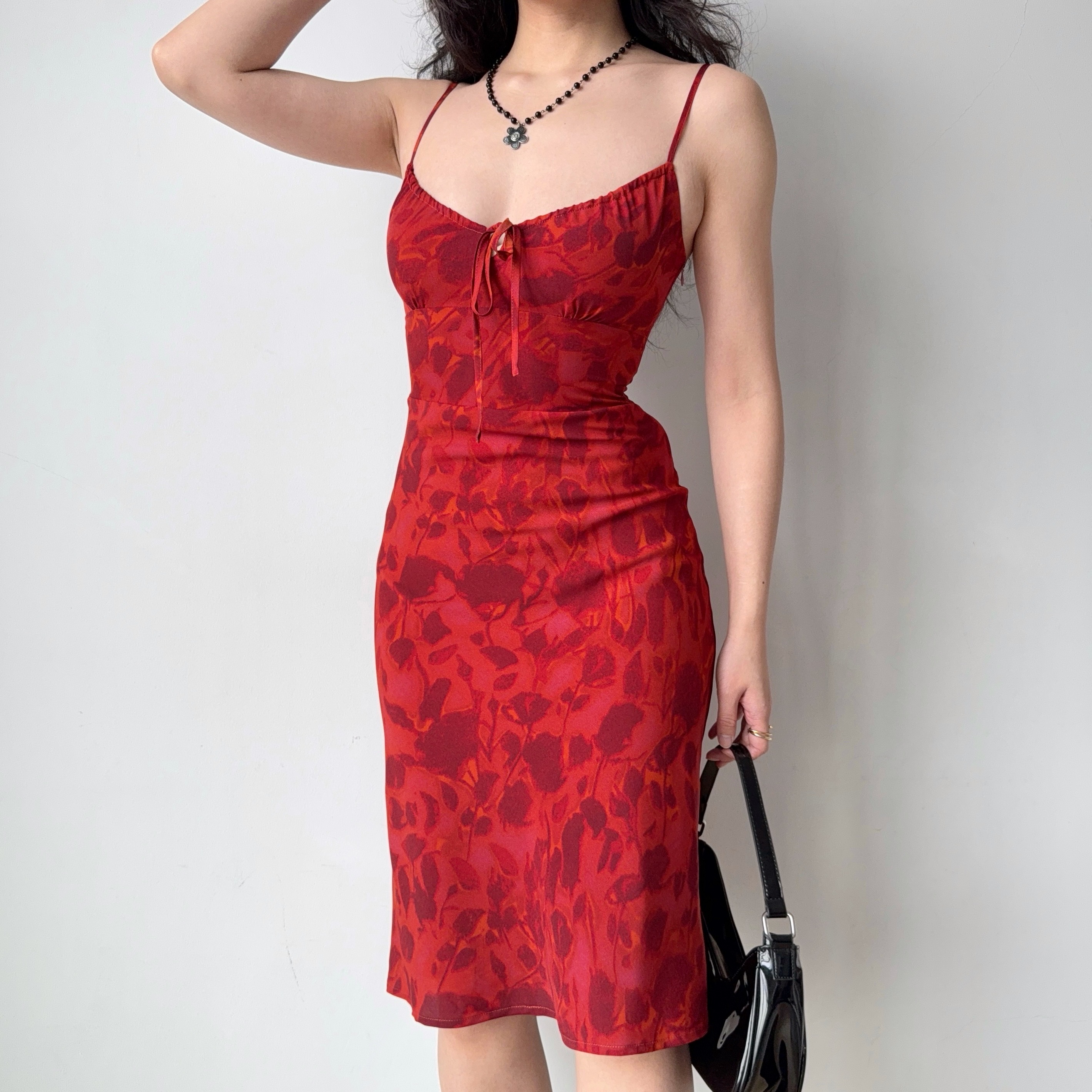 Vintage French Red Printed Cami Dress - Mid-Length Summer Vacation Dress for Women - Trendy 90s Inspired Style