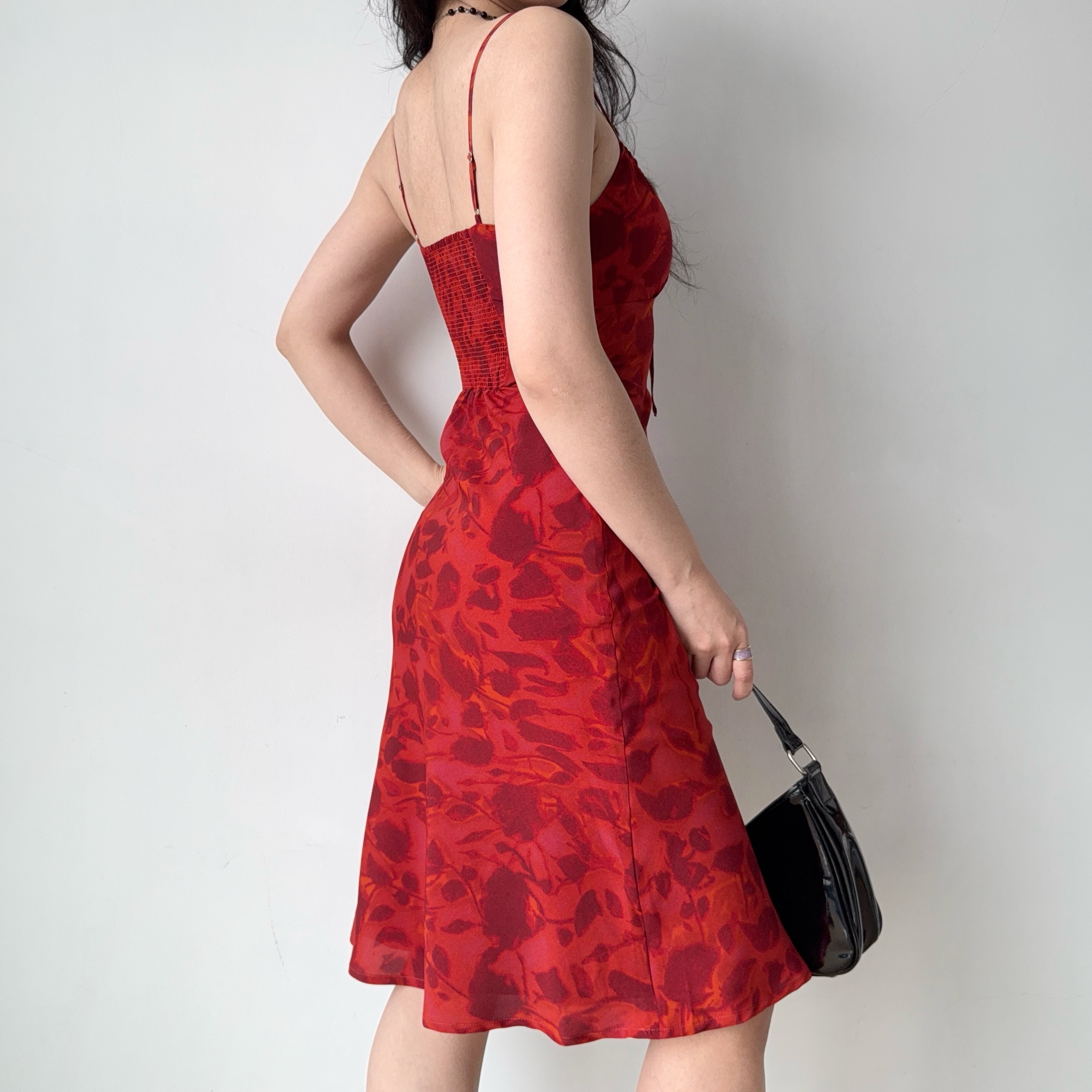 Vintage French Red Printed Cami Dress - Mid-Length Summer Vacation Dress for Women - Trendy 90s Inspired Style