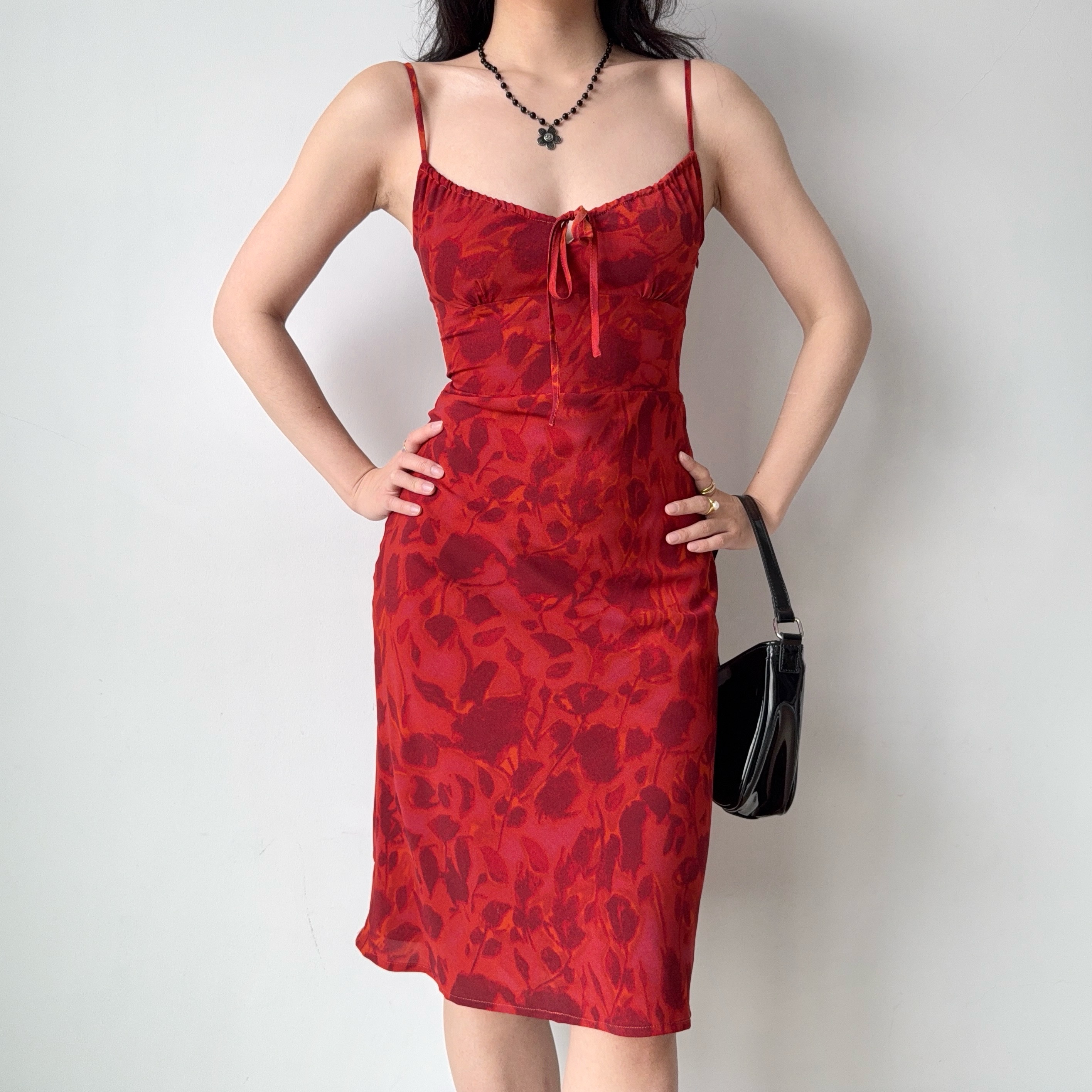 Vintage French Red Printed Cami Dress - Mid-Length Summer Vacation Dress for Women - Trendy 90s Inspired Style
