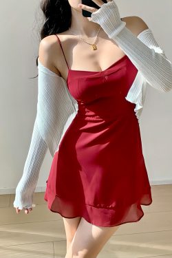 Vintage French Red Ruffled Strap Mini Dress - Slim Fit Sexy Vacation Style for Girls