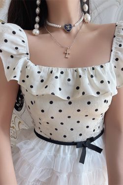 Vintage French Ruffled Large Square Collar Polka Dot Blouse - Handmade Spring/Summer 2025 Vacation Style