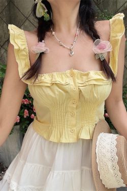 Vintage French Ruffled Sleeveless Shirt with Large Square Collar - Handmade Spring/Summer 2025 Vacation Top for Women