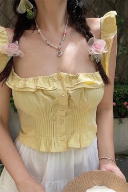 Vintage French Ruffled Sleeveless Shirt with Large Square Collar - Handmade Spring/Summer 2025 Vacation Top for Women