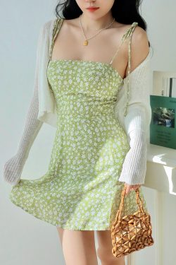 Vintage Green Floral Slip Dress for Women - Waist-Cinching A-Line Skirt, Country Style, Slimming Fit, Perfect for 90s and Y2K Fashion