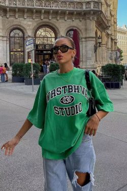 Vintage Green Letter Oversized Short-Sleeve T-Shirt for Women - Retro High Street Style Hot Girl Top, Y2K Fashion