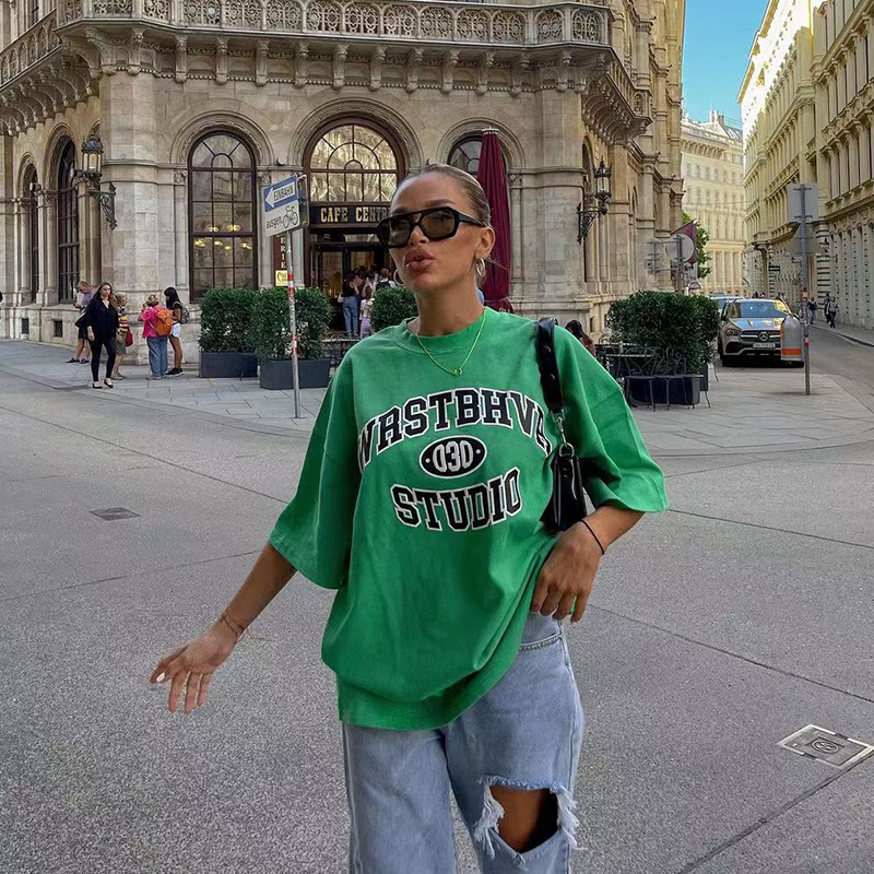 Vintage Green Letter Oversized Short-Sleeve T-Shirt for Women - Retro High Street Style Hot Girl Top, Y2K Fashion