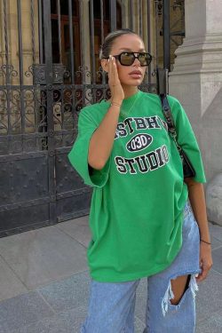 Vintage Green Letter Oversized Short-Sleeve T-Shirt for Women - Retro High Street Style Hot Girl Top, Y2K Fashion