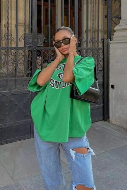 Vintage Green Letter Oversized Short-Sleeve T-Shirt for Women - Retro High Street Style Hot Girl Top, Y2K Fashion