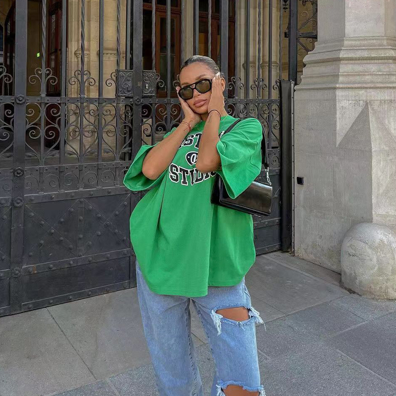 Vintage Green Letter Oversized Short-Sleeve T-Shirt for Women - Retro High Street Style Hot Girl Top, Y2K Fashion