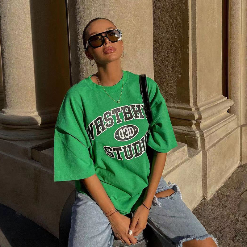 Vintage Green Letter Oversized Short-Sleeve T-Shirt for Women - Retro High Street Style Hot Girl Top, Y2K Fashion