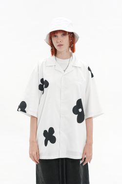 Vintage Hand-Drawn Floral Cuban Collar Short Sleeve Shirt - Harsh and Cruel Inspired Silhouette, Y2K Aesthetic